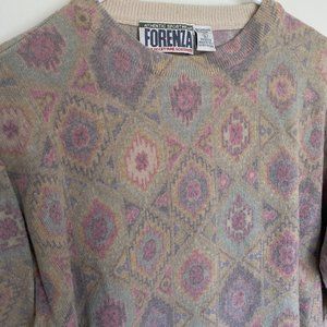 Vintage 90s Italian Lambswool Sweater Forenza Pink Geometric Southwest Sz L